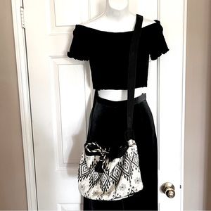 Crossbody Black White Fabric Bucket Boho Style Tote Bag Purse